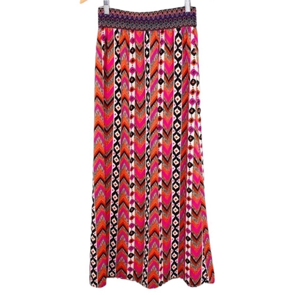 Deja Vu pink orange boho pull on maxi skirt